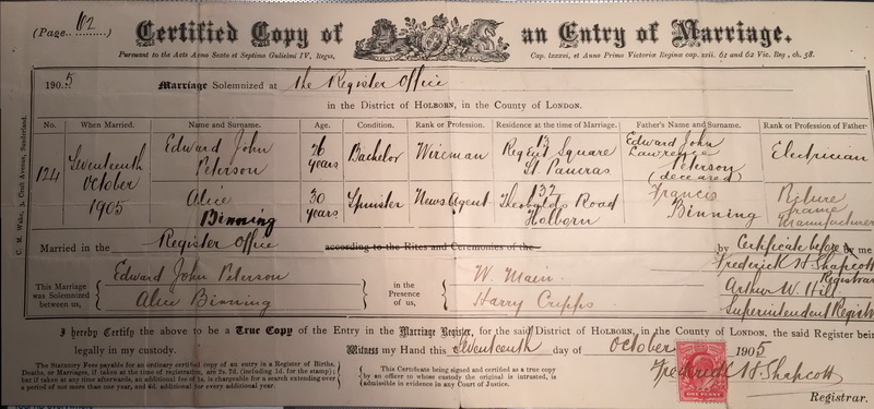 Photos of Alice Binning's marriage certificate