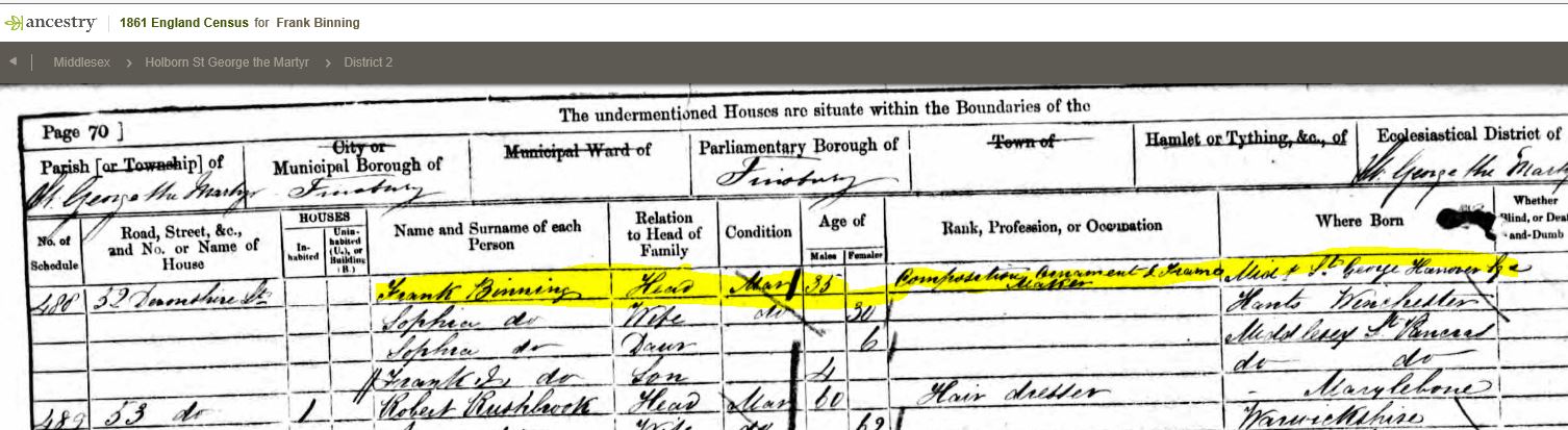 1861 Census for Frank Binning and family